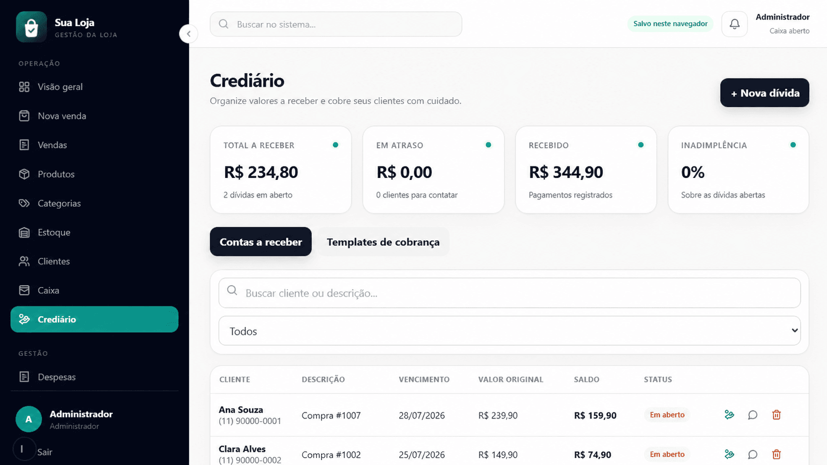 Tela real de crediário do Haux Sistemas com dados fictícios
